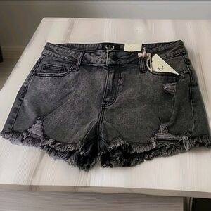 NWT LTJ Acid Wash Black Distressed Denim Shorts Frayed Hem High Rise Size L